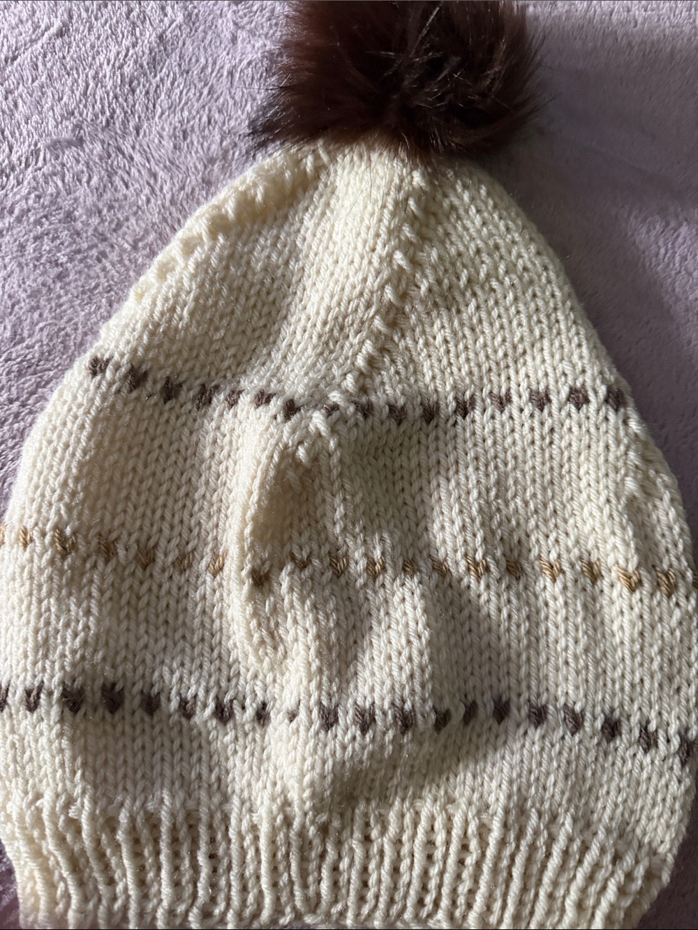 Adult Cream Knit Pom-Pom Beanie with Brown Accent